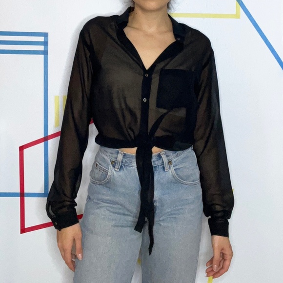 Garage Black Sheer Tie Up Botton Down Blouse - Picture 3 of 3